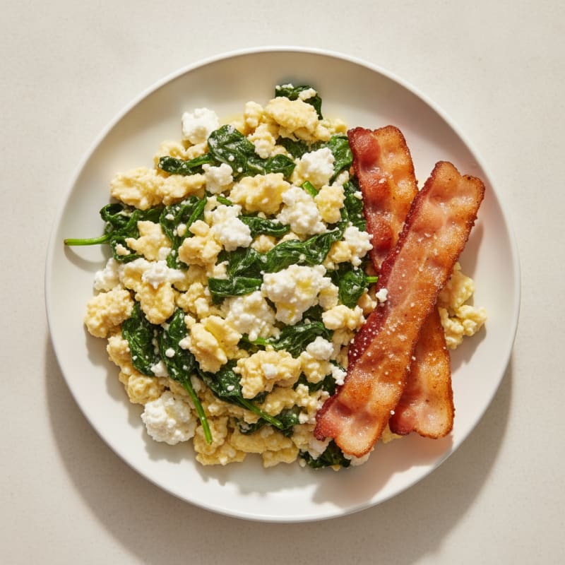 Cottage Cheese Egg Scramble with Spinach and Turkey Bacon