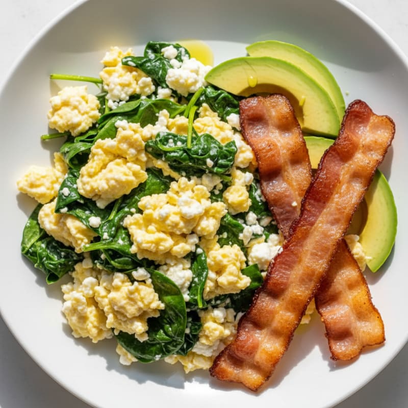 Cottage Cheese Egg Scramble with Spinach and Turkey Bacon