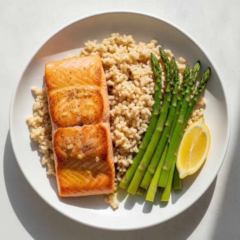 Seared Salmon with Steamed Asparagus and Brown Rice