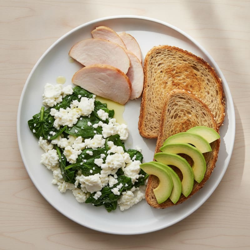 Egg White Spinach Scramble with Cottage Cheese and Sliced Turkey