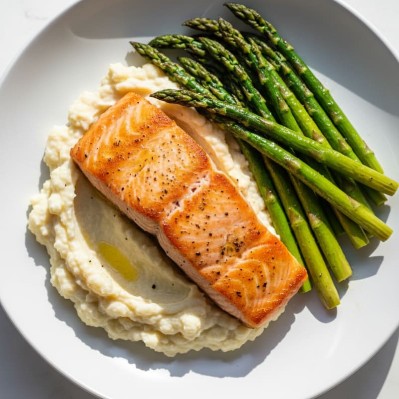 Seared Salmon with Roasted Asparagus and Cauliflower Mash