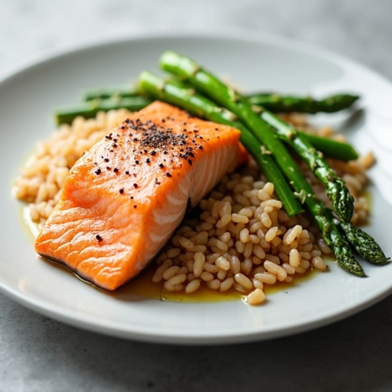 Seared Salmon Fillet with Steamed Asparagus and Brown Rice