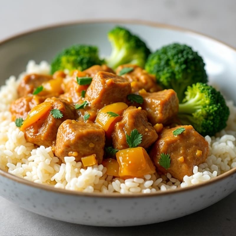 Coconut Curry Beef with Steamed Broccoli and Jasmine Rice