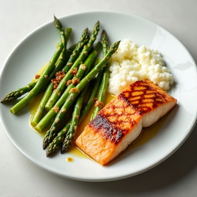 Seared Salmon with Steamed Asparagus and Cauliflower Mash