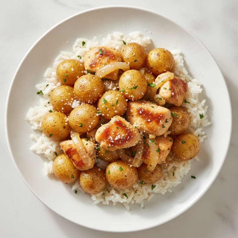 Garlic Chicken with Roasted Potatoes and Rice