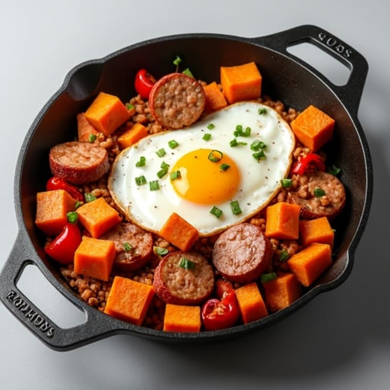 Crispy Sweet Potato and Chicken Sausage Skillet with Eggs