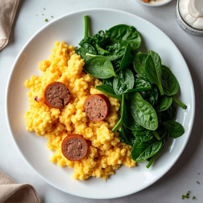 Egg White Scramble with Turkey Sausage and Sautéed Spinach