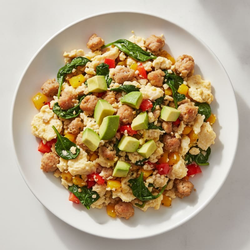 Egg White and Turkey Sausage Scramble with Spinach and Bell Peppers