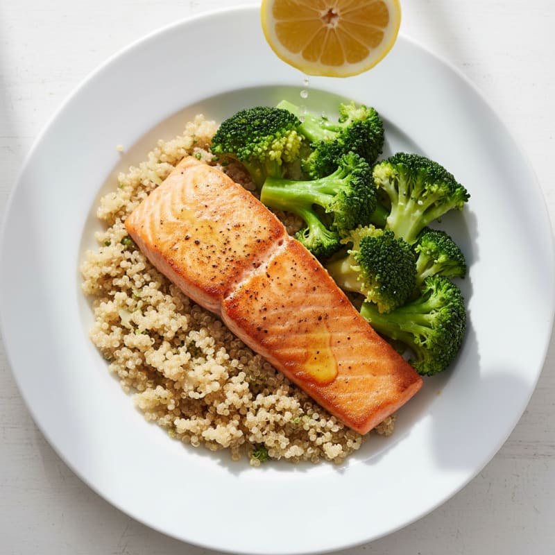 Pan-Seared Salmon with Steamed Broccoli and Quinoa