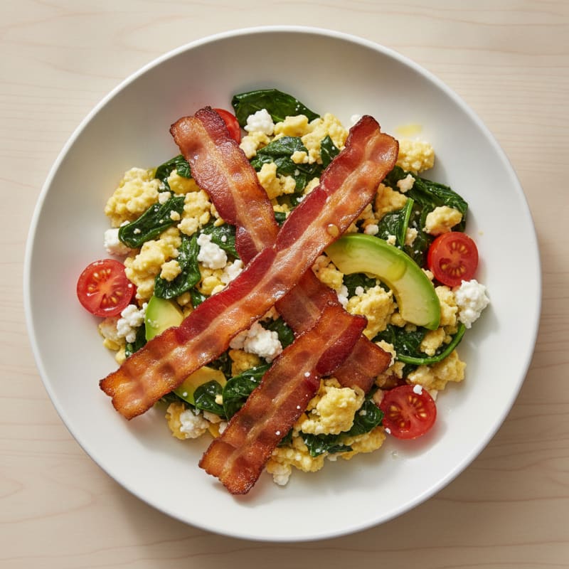 Cottage Cheese Scramble with Turkey Bacon and Sautéed Spinach