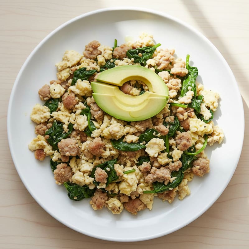 Egg White Scramble with Turkey Sausage and Sautéed Spinach