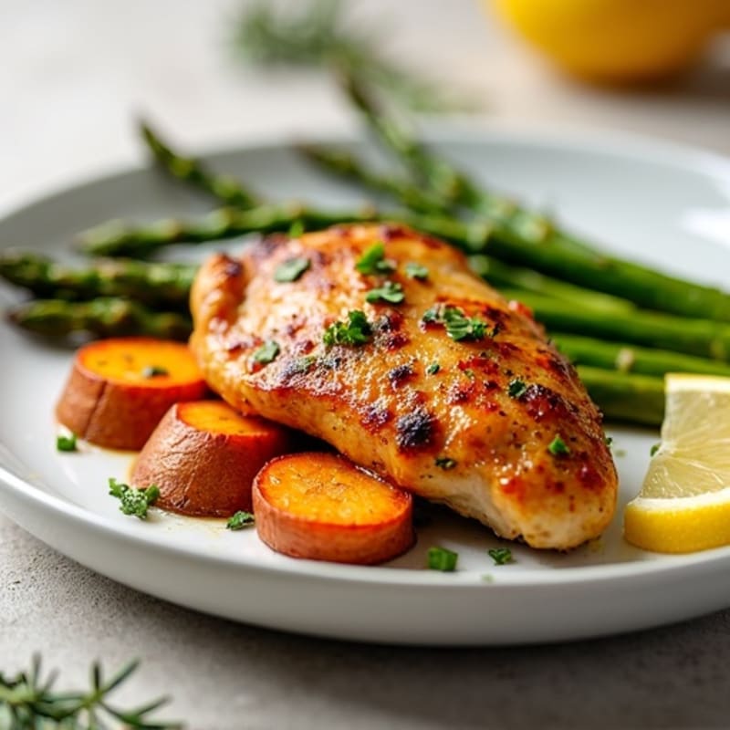 Crispy Lemon Herb Roasted Chicken with Roasted Asparagus and Sweet Potatoes