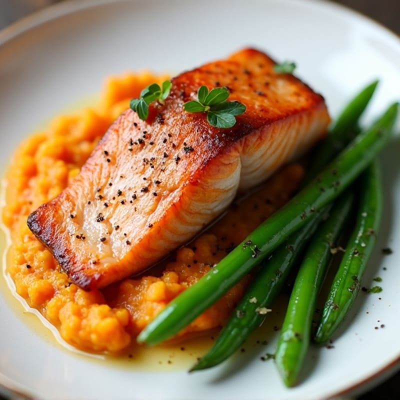 Seared Salmon with Steamed Green Beans and Sweet Potato Mash