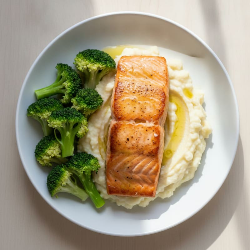Seared Salmon with Steamed Broccoli and Garlic Cauliflower Mash
