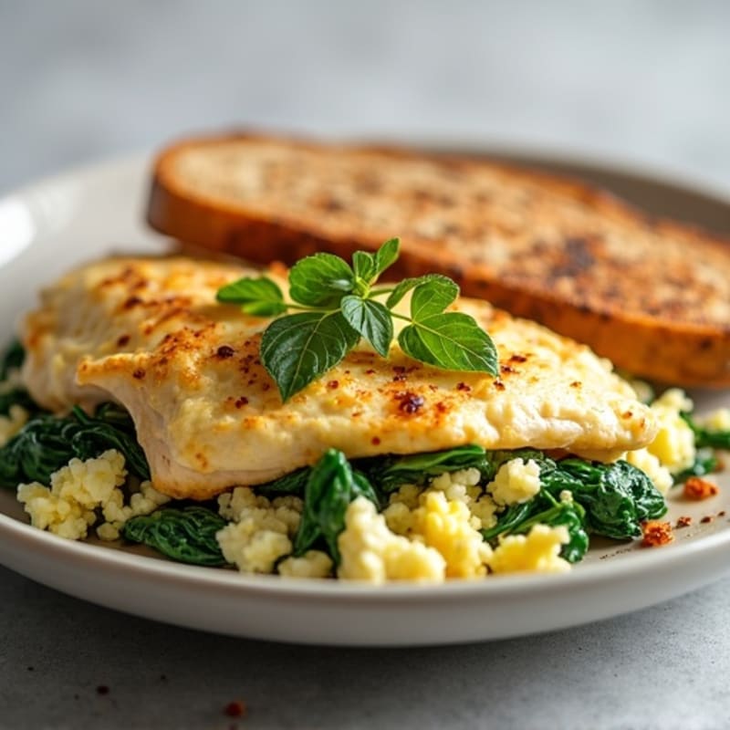 Egg White and Spinach Scramble with Seared Chicken Breast and Toasted Whole Grain Bread