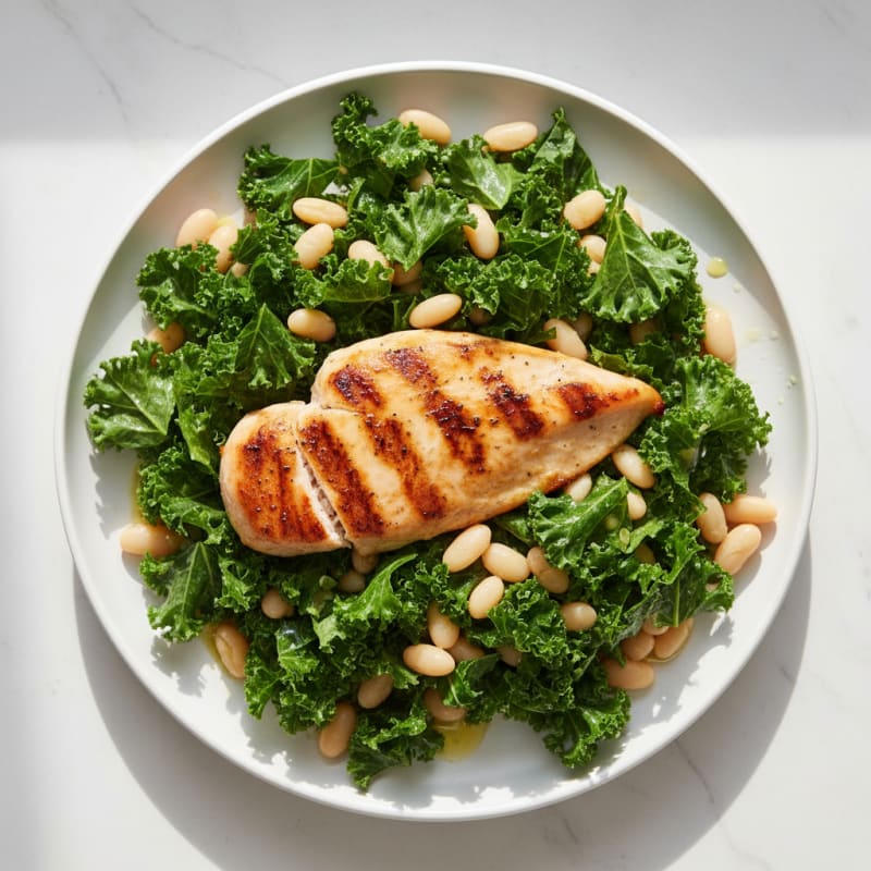 Grilled Chicken Breast with Crunchy Kale Salad and White Beans