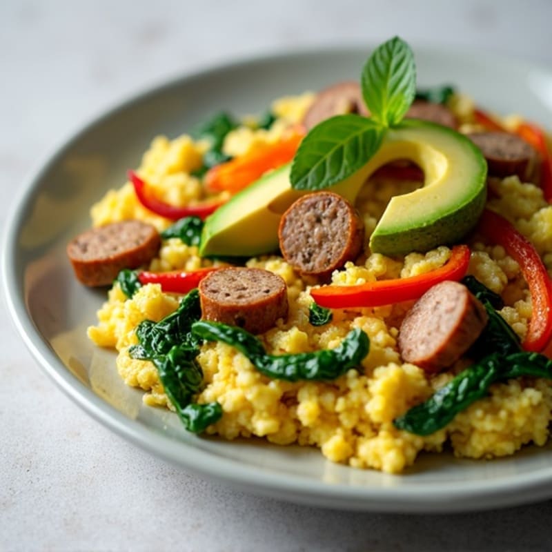 Egg White and Turkey Sausage Scramble with Spinach and Bell Peppers