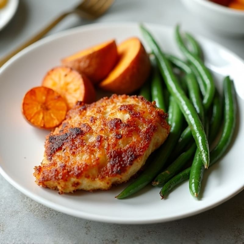 Crispy Baked Chicken Thighs with Roasted Sweet Potatoes and Green Beans