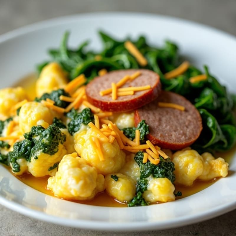 Egg White and Turkey Sausage Scramble with Sautéed Spinach