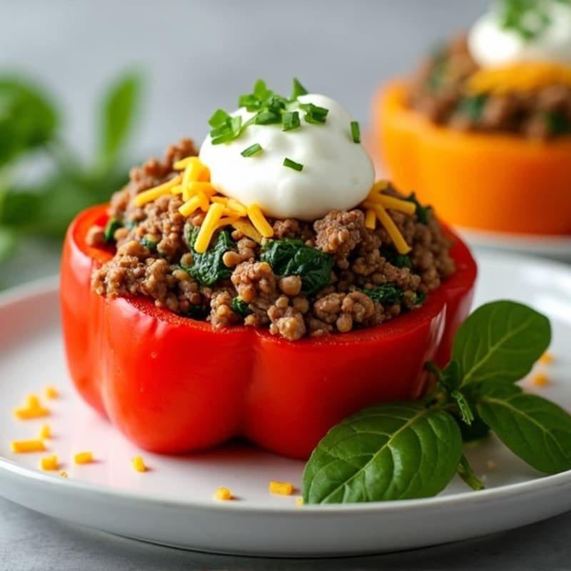 Ground Beef and Spinach Stuffed Bell Peppers with Shredded Cheese