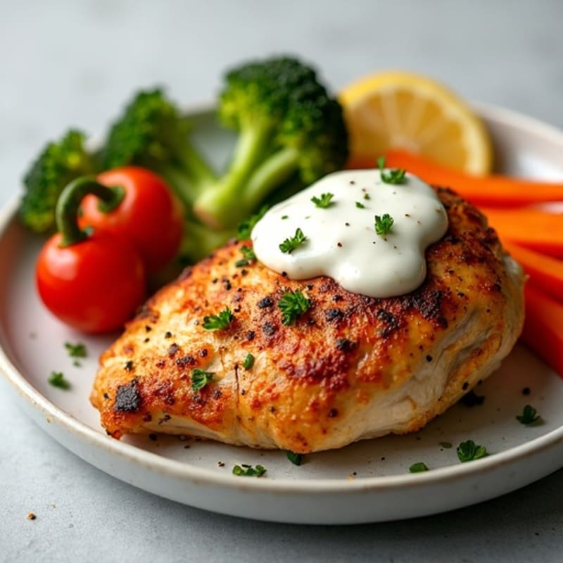 Tender Spiced Roasted Chicken with Creamy Garlic Sauce and Fresh Vegetables