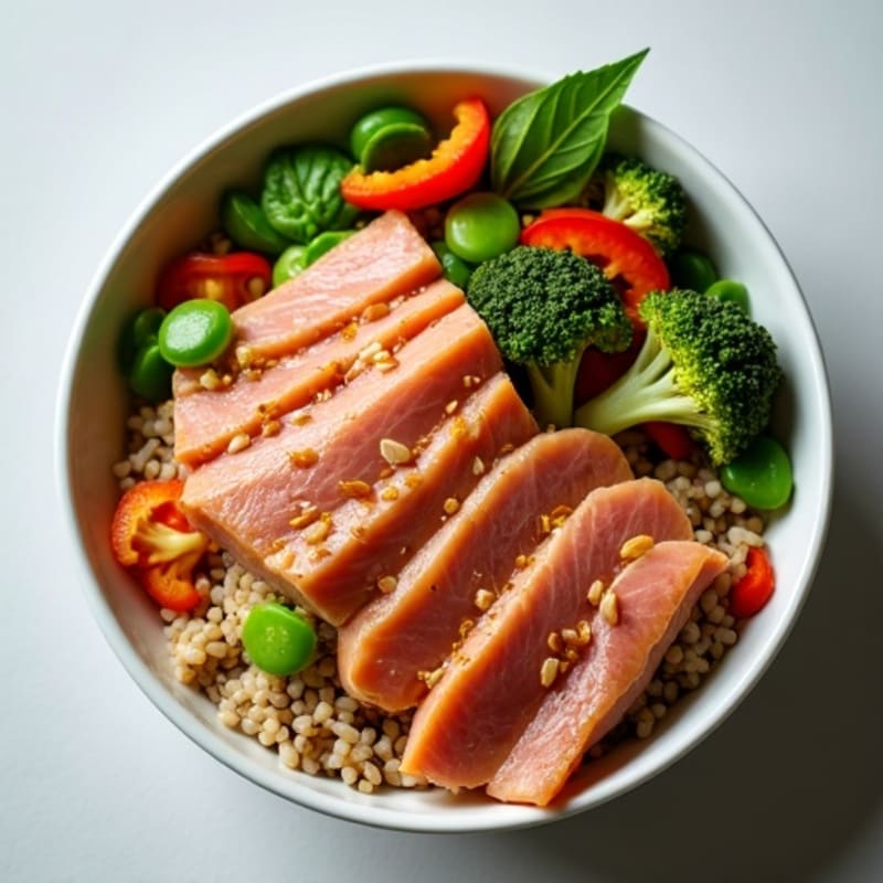 Fresh Marinated Tuna Bowl with Brown Rice and Crispy Vegetables