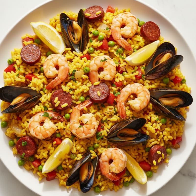 Saffron Seafood Paella with Chorizo