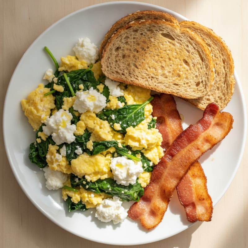 Cottage Cheese Scramble with Spinach and Turkey Bacon