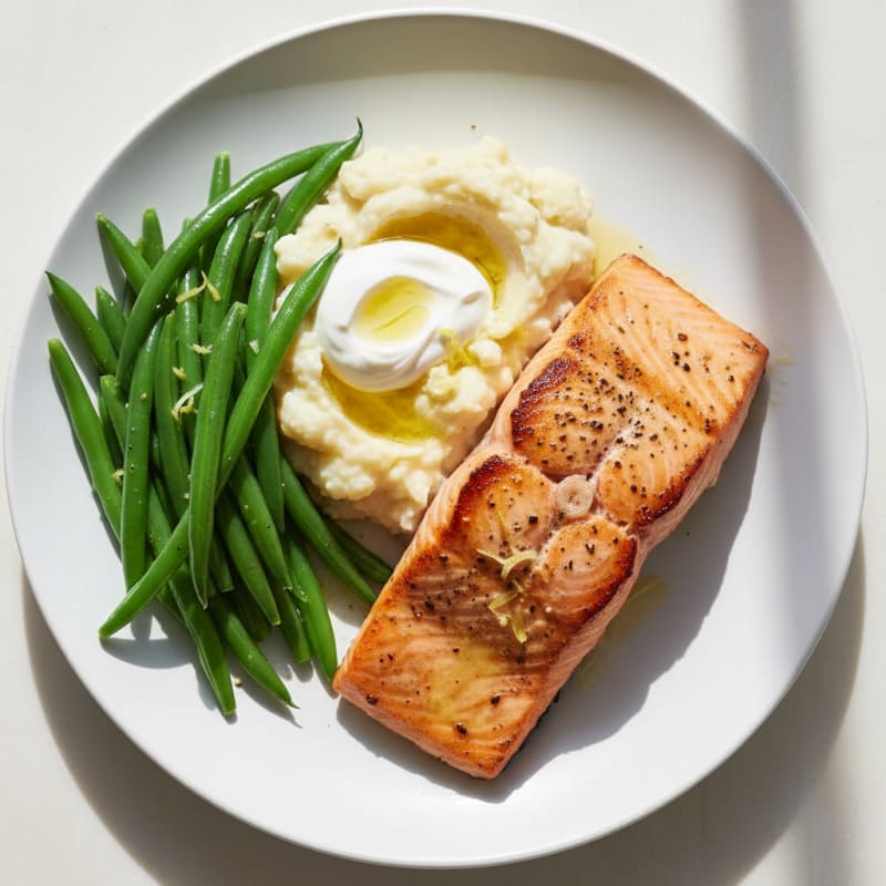 Seared Salmon Fillet with Steamed Green Beans and Garlic Mashed Cauliflower