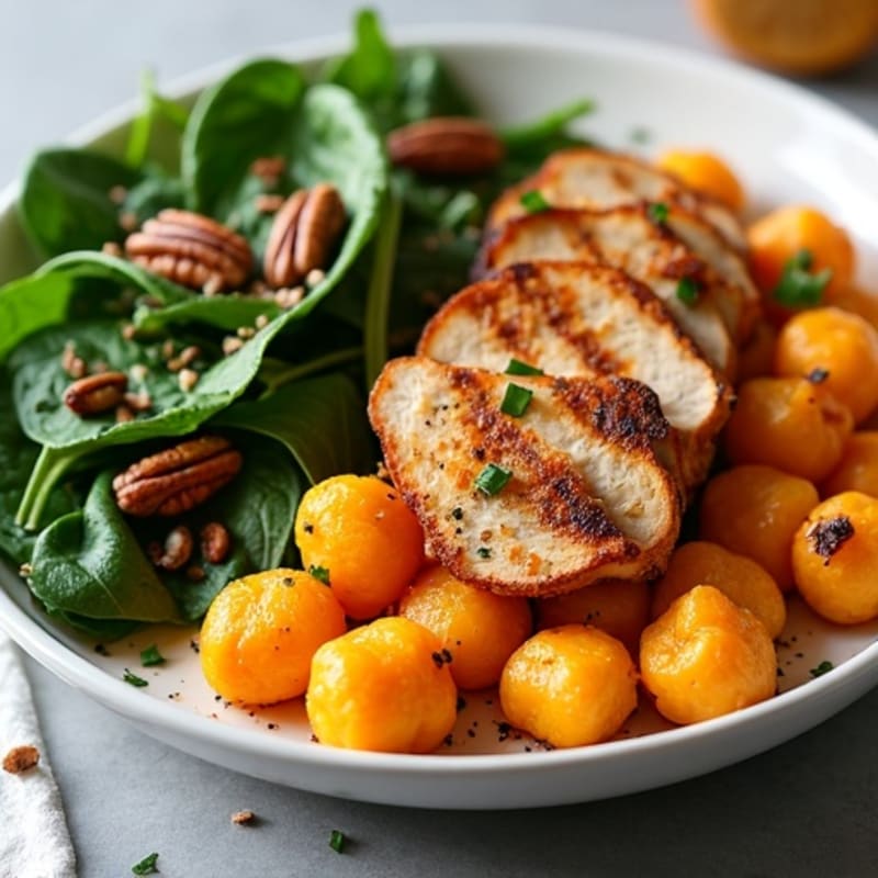 Crispy Pan-Seared Sweet Potato Gnocchi with Wilted Spinach, Grilled Chicken & Toasted Pecans