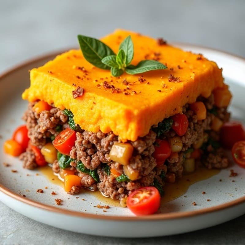 Lean Ground Beef and Mixed Vegetable Bake with Creamy Sweet Potato Topping