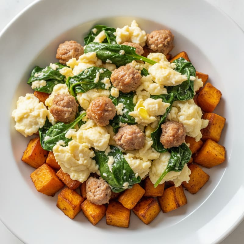 Egg White and Turkey Sausage Scramble with Spinach and Roasted Sweet Potato