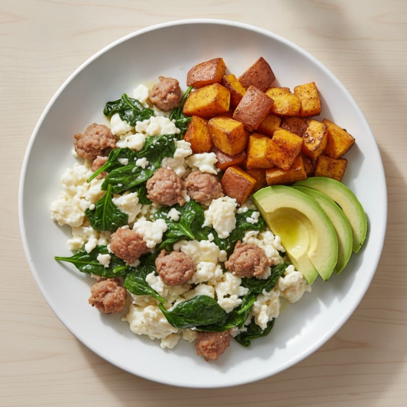 Egg White and Spinach Scramble with Turkey Sausage