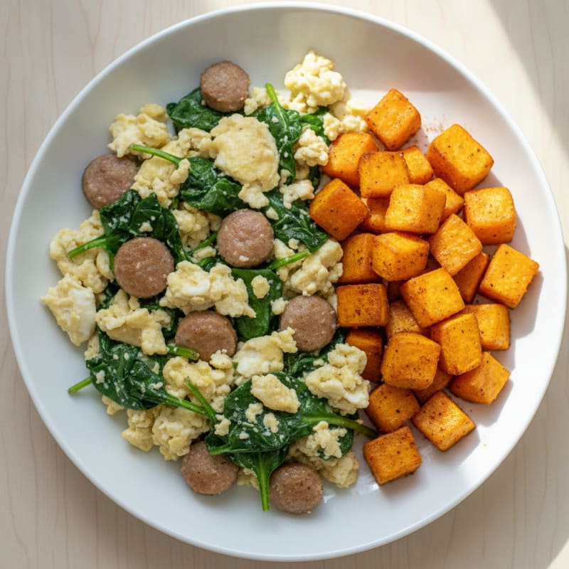 Egg White and Turkey Sausage Scramble with Spinach and Roasted Sweet Potato