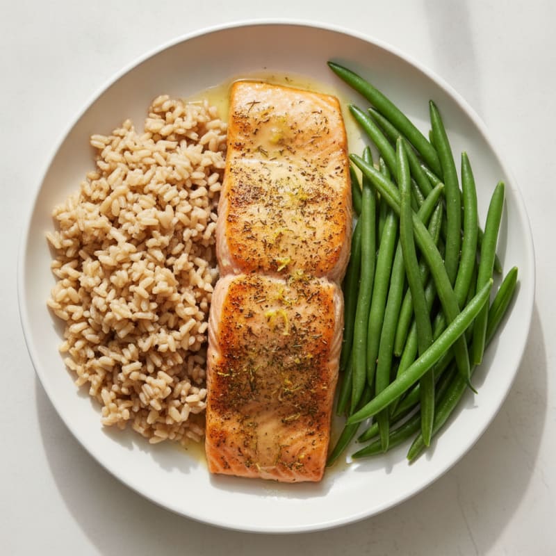 Baked Salmon with Steamed Green Beans and Brown Rice