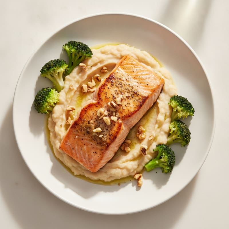 Seared Salmon with Creamy White Bean Mash and Steamed Broccoli