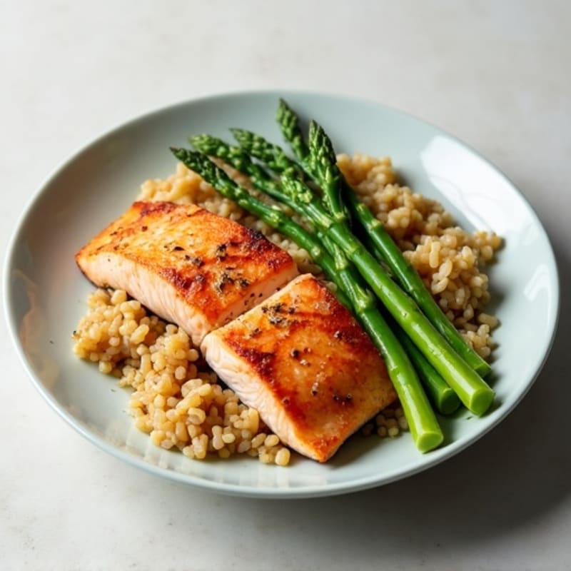 Seared Salmon with Steamed Asparagus and Brown Rice