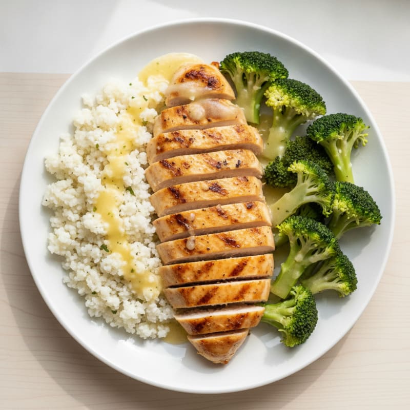 Grilled Chicken Breast with Steamed Broccoli and Cauliflower Rice