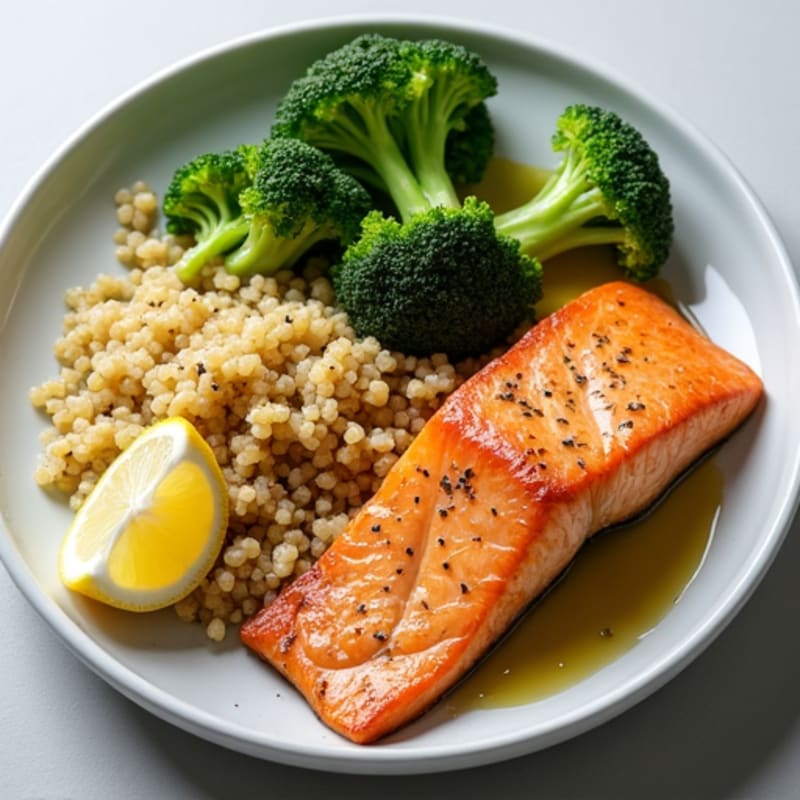 Seared Salmon with Steamed Broccoli and Quinoa