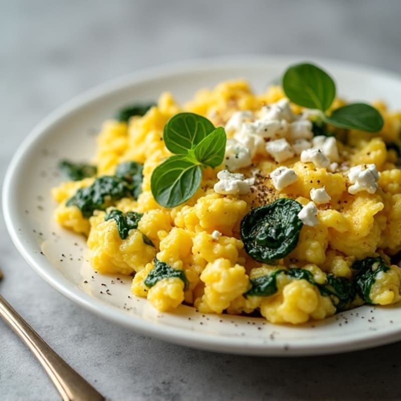 Fluffy Scrambled Eggs with Fresh Spinach and Crumbled Feta