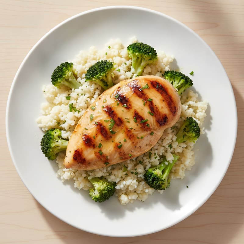 Grilled Chicken Breast with Steamed Broccoli and Cauliflower Rice