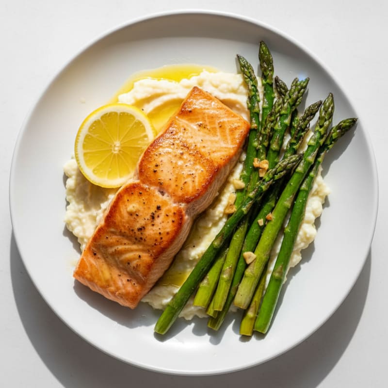Seared Salmon with Roasted Asparagus and Cauliflower Mash