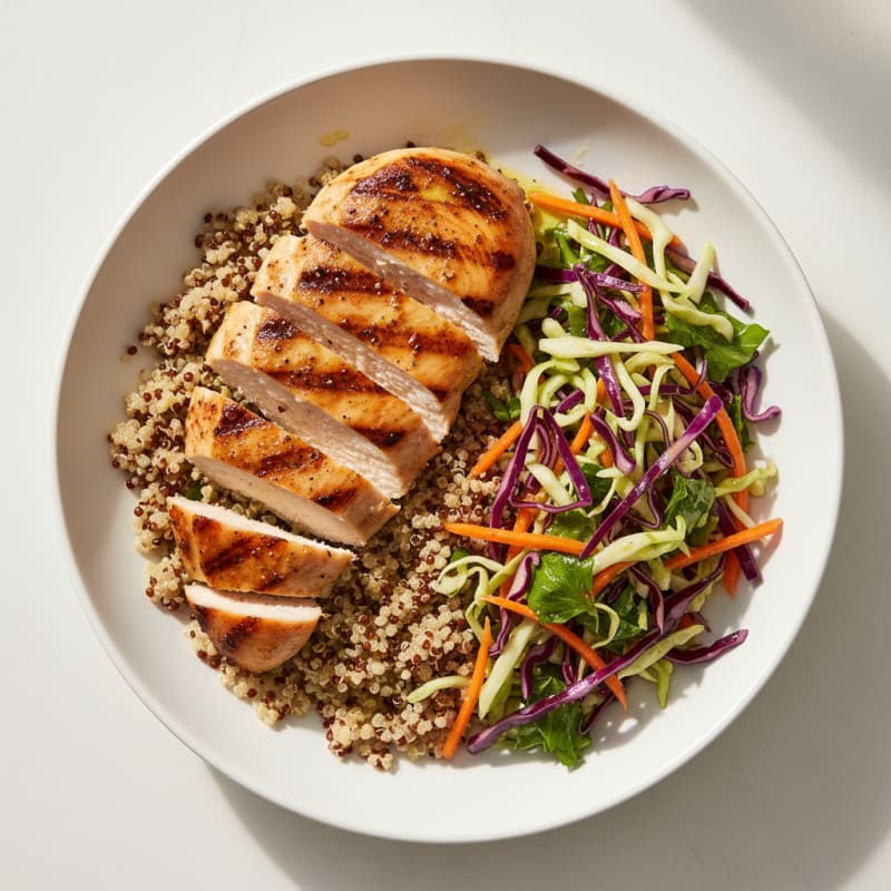 Grilled Chicken Breast with Crunchy Cabbage Slaw and Quinoa