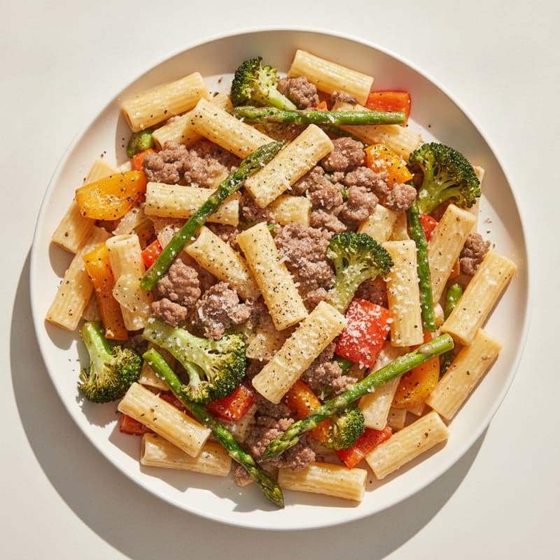 Ground Beef Rigatoni with Roasted Vegetables