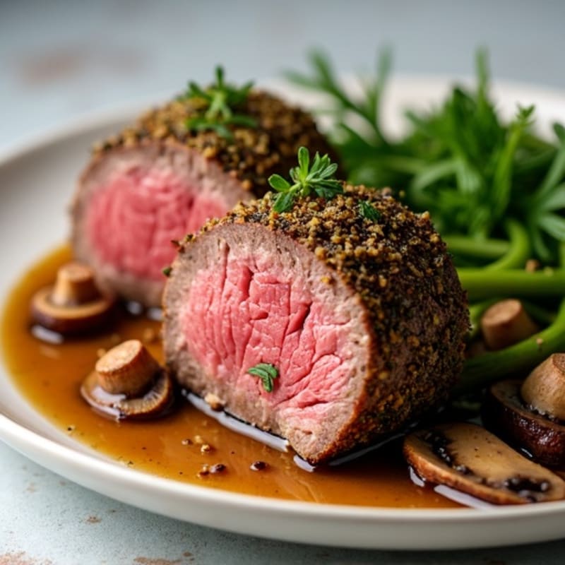 Herb-Crusted Beef Tenderloin with Mushroom Sauce