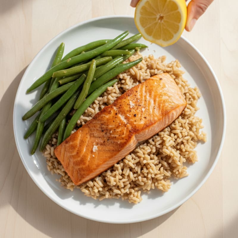 Seared Salmon Fillet with Steamed Green Beans and Brown Rice
