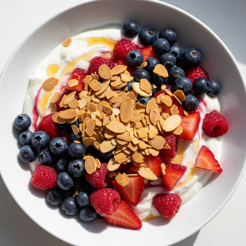 Greek Yogurt Protein Parfait with Mixed Berries and Almonds
