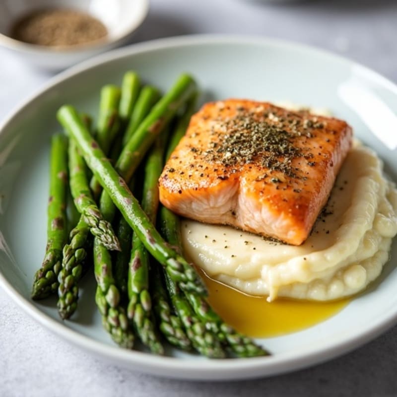 Seared Salmon with Steamed Asparagus and Garlic Cauliflower Mash