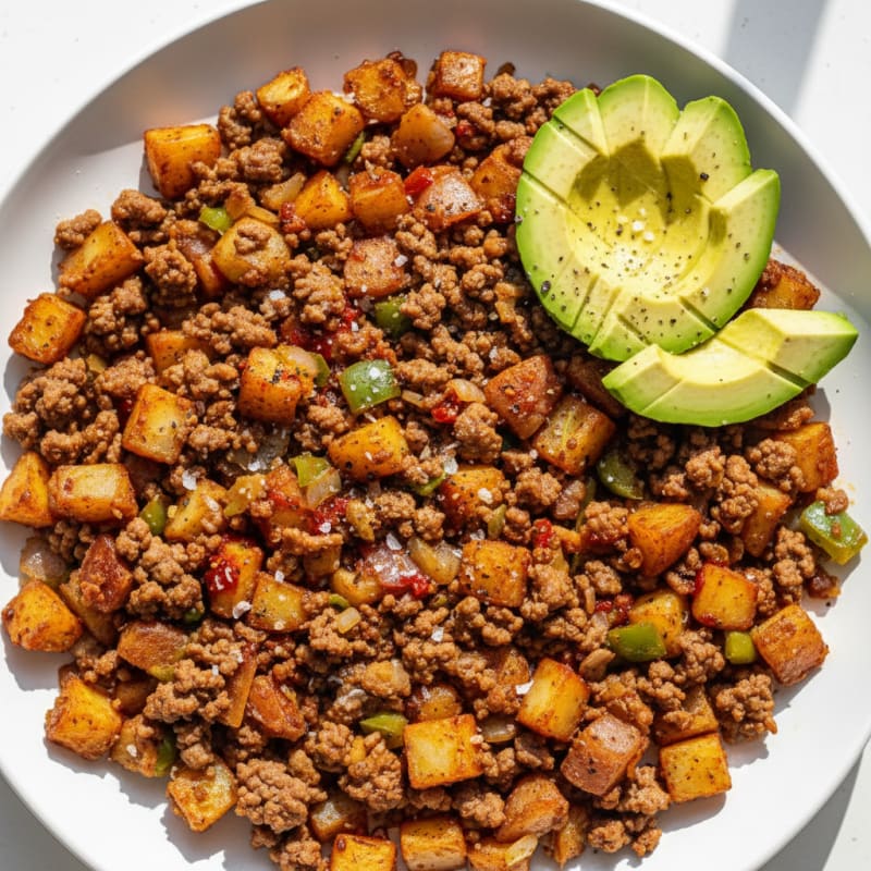 Mince Beef and Potato Hash with Avocado
