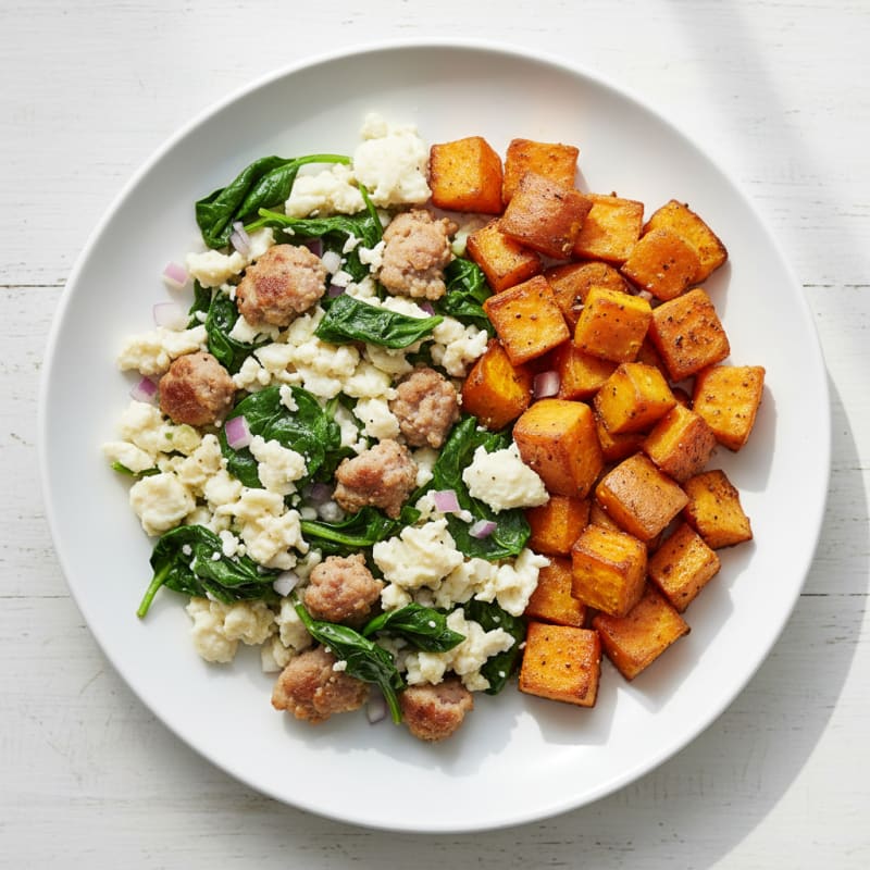 Egg White and Turkey Sausage Scramble with Spinach and Roasted Sweet Potatoes